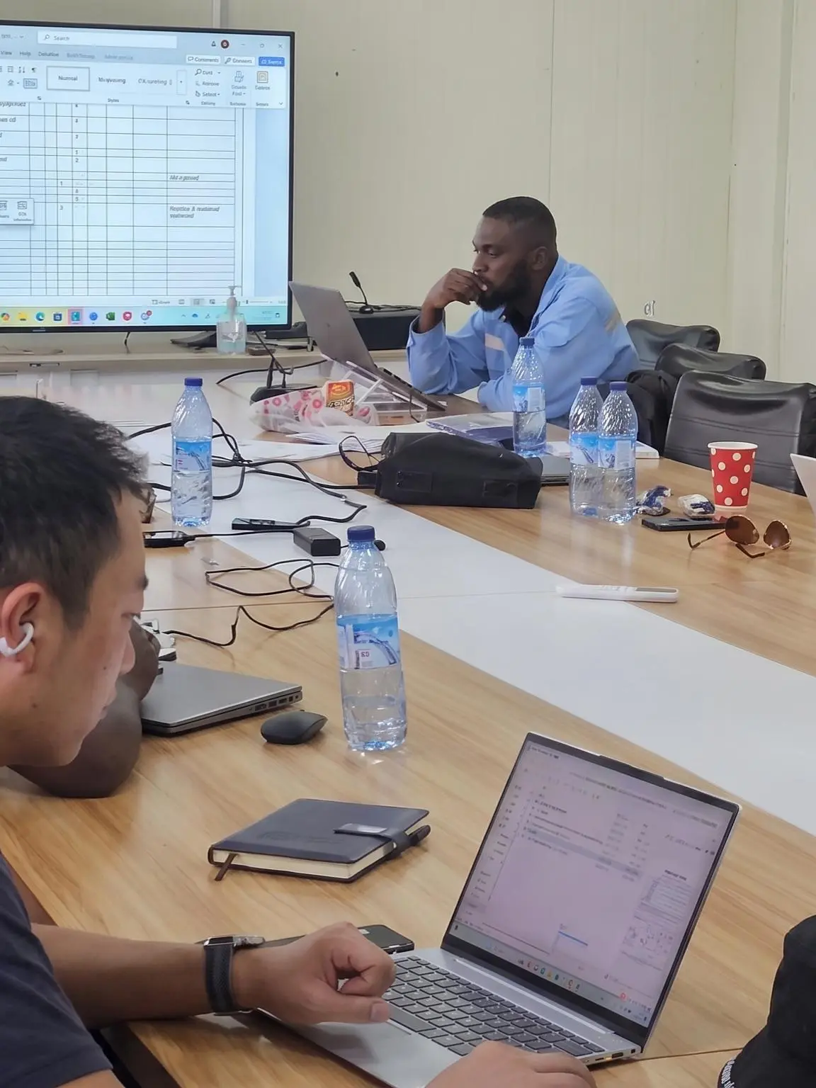 Consultants reviewing project documents on laptops during a meeting, with a shared document displayed on screen.