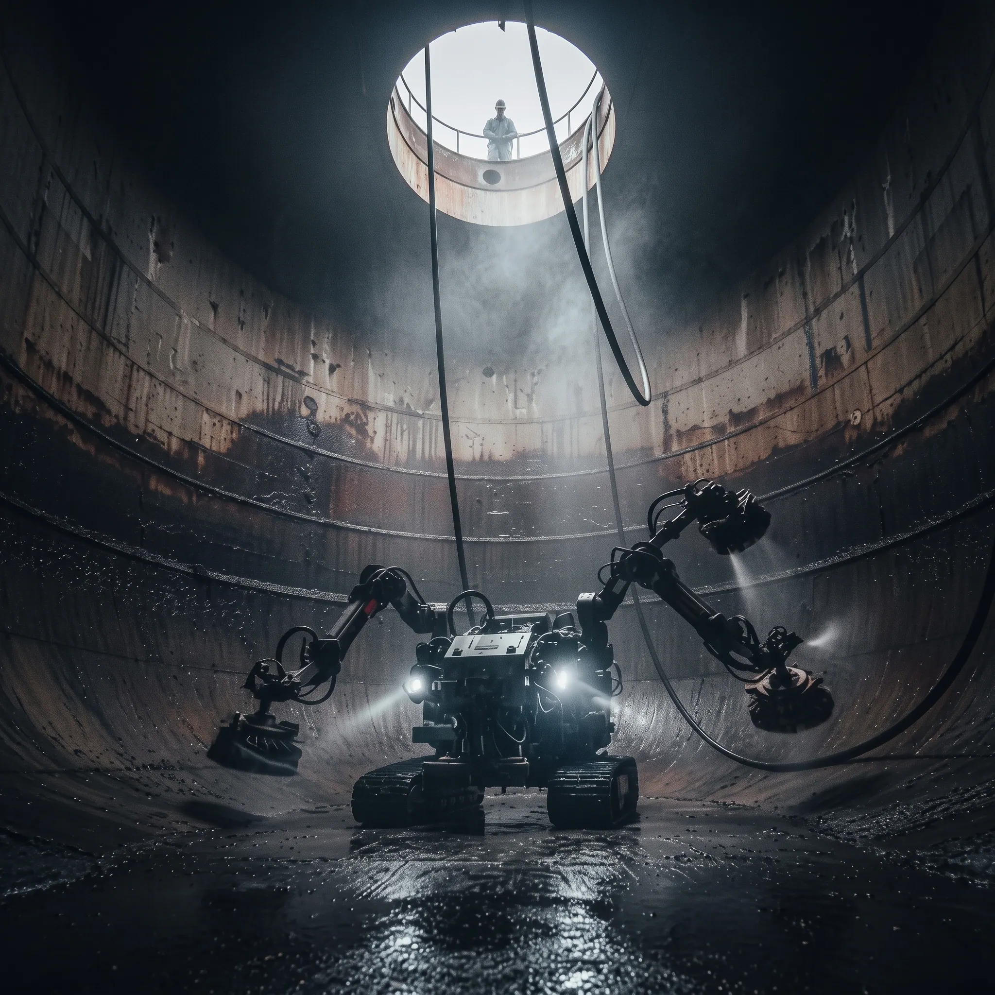 Robotic tank cleaning equipment spraying the interior of an industrial storage tank.