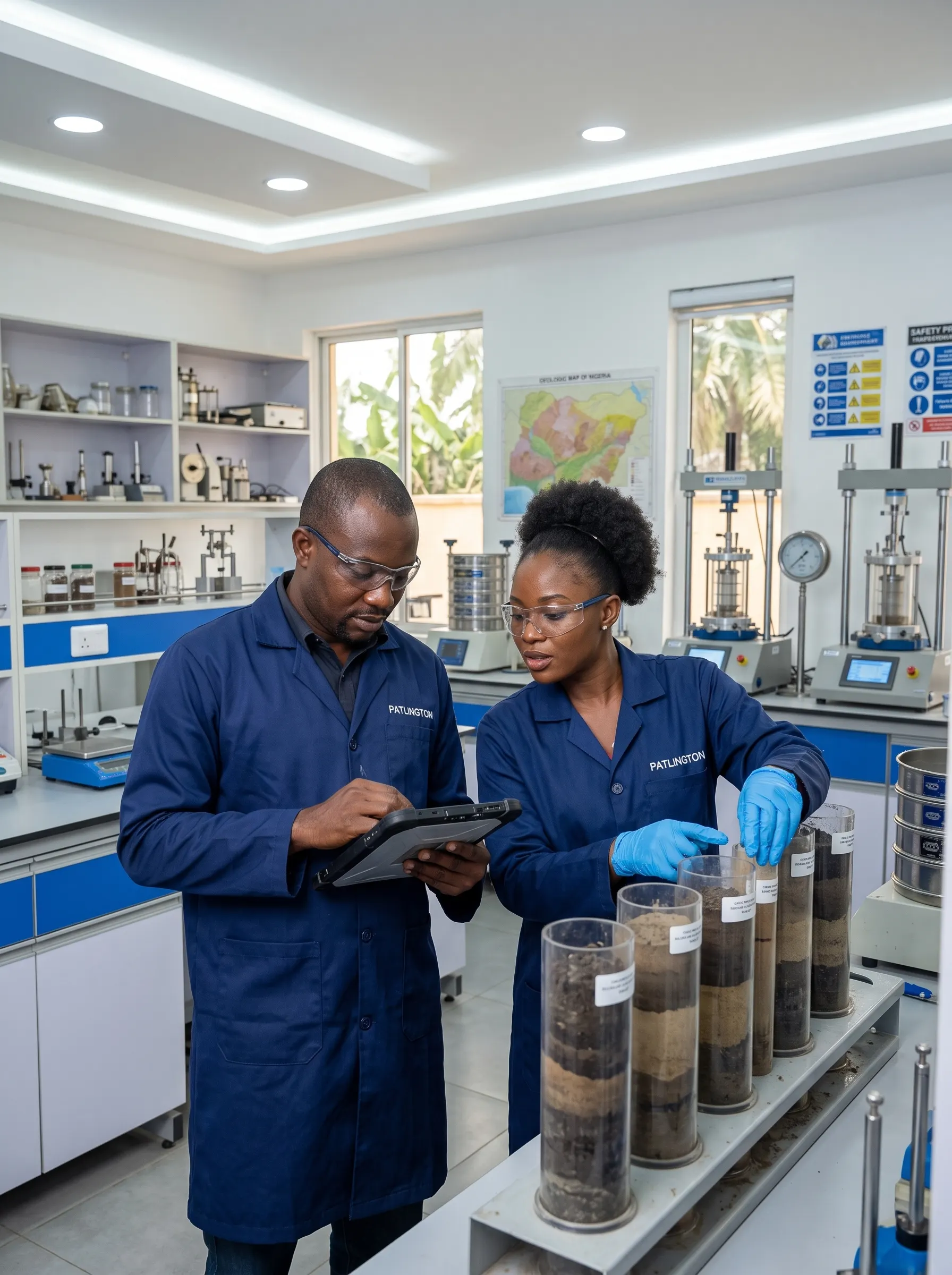 Patlington laboratory technicians examining soil samples and recording findings on a tablet.